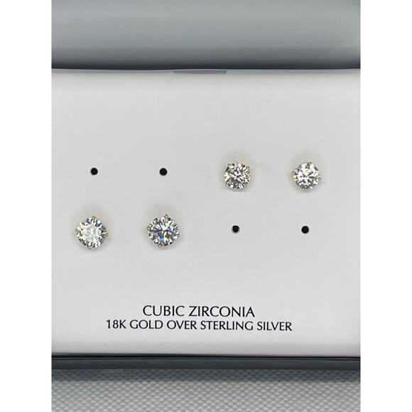 18K Gold Vermeil Earrings (2 Piece Set) CZ Stud Style Women's Trendy Fashion NWT - Picture 3 of 10